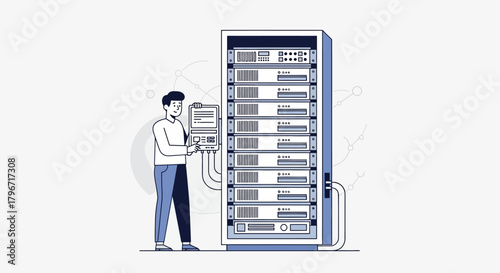 System Administrator Managing Servers in Data Center Rack, IT Infrastructure Maintenance