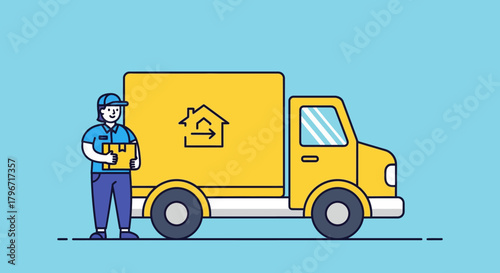 Delivery Service Icon Illustration of a Delivery Truck and Courier with Package on a Light Blue Background