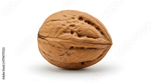 Closeup macro of a cracked brown walnut in its shell, isolated on a white background as a healthy food ingredient