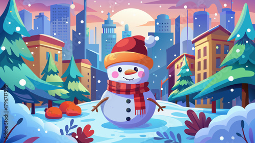 A friendly snowman wearing a cozy red beanie and mittens, surrounded by frosted shrubs and softly falling snowflakes in a charming city garden.