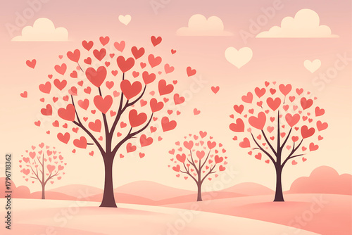 Romantic heart-shaped tree landscape under soft pink sky for Valentine and love themes