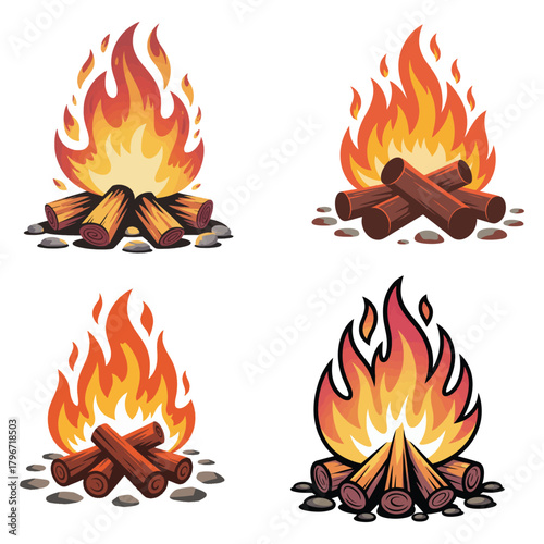 Colorful Bonfire Clip Art Featuring Burning Wood and Rocks Ideal for Camping Graphics