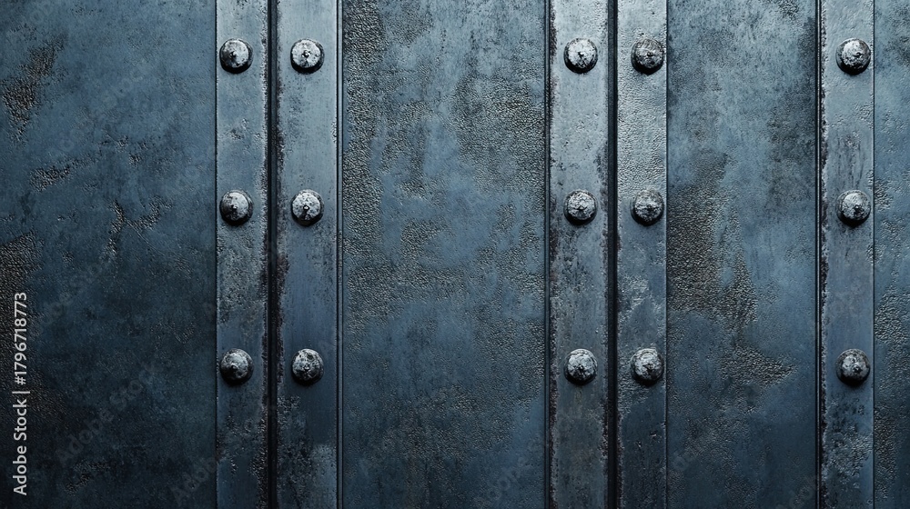 Fototapeta premium A grunge background texture of weathered and rusted blue metal panels. Perfect for industrial, steampunk, or tech-themed designs requiring a distressed look.