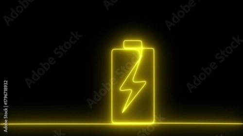 Abstract glowing Yellow neon  Battery charge neon sign Glowing Icon and  Power and Electricity Accumulator with Glowing neon battery icon of symbol concept on black background  4k animation video 