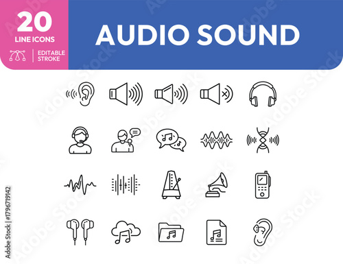 Audio and Sound Line Icons Ear Speaker Headphones and Music Elements