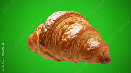 Golden croissants spinning on bright green background.