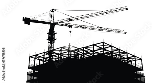 A silhouette of a building under construction with a crane overhead against a white background, showcasing urban development and architectural progress.
