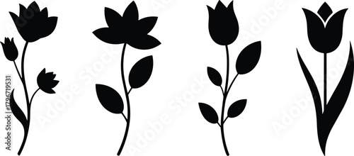 Four black silhouette flower stems with leaves and blooms white