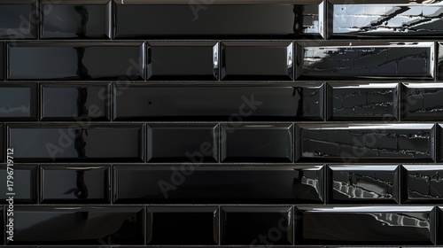 A high-gloss black subway tile brick wall background. This classic, reflective texture is perfect for modern kitchen, bathroom, or restaurant interior designs.