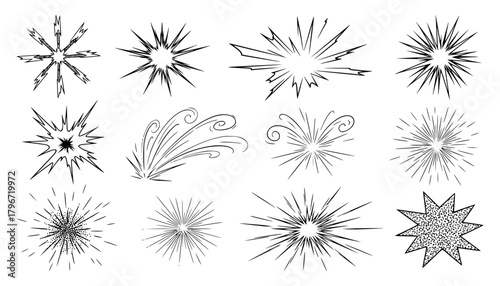 Collection of handdrawn starbursts and abstract explosive elements in black ink