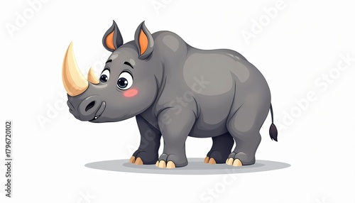 Cute rhino cartoon stands on white backdrop. Playful rhino character art is graphic, fun. Adorable animal design isolated for kid books. Cartoonish creature is cheerful, whimsical, joyful in colour.