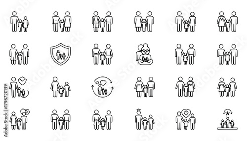 Collection of simple line art icons representing families and relationships
