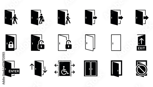 Collection of door icons and symbols representing entry, exit, accessibility, locked, unlocked, and other doorrelated concepts