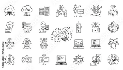 Collection of handdrawn icons representing artificial intelligence, machine learning, cloud computing, and data science concepts