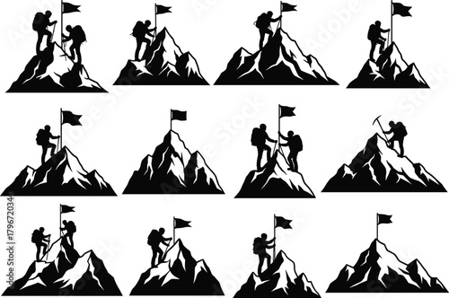 Flat vector silhouette of climbers reaching mountain peaks with flags, adventure icons, achievement concept, outdoor exploration graphic illustration set
