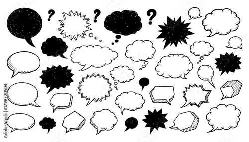 Collection of handdrawn speech bubbles and question marks in various shapes and sizes