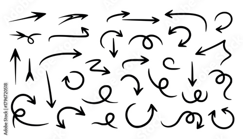 A collection of handdrawn arrow icons in black, isolated on a, representing direction and movement