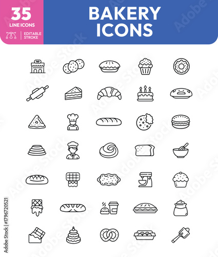 Bakery Icons Set Thin Line Style Illustrations of Pastries and Baking Tools