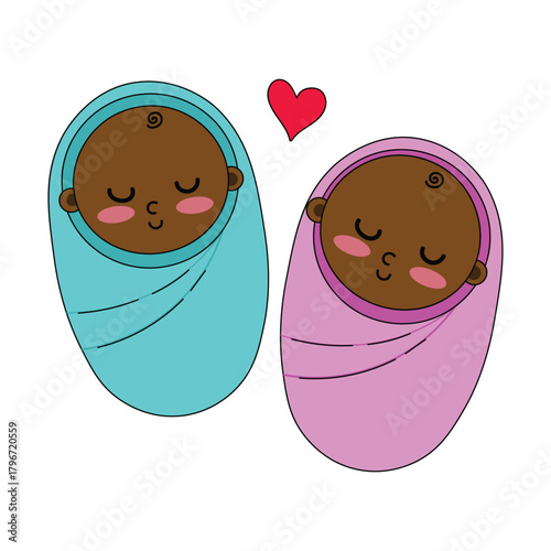 Cute African twin babies sleeping in blue and pink swaddle blankets