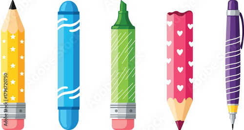 Collection of colorful writing instruments Vector