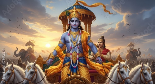 Lord krishna driving a chariot on the battlefield of kurukshetra