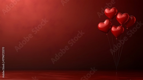 Festive red background illuminated with soft bokeh and reflective heart balloon texture