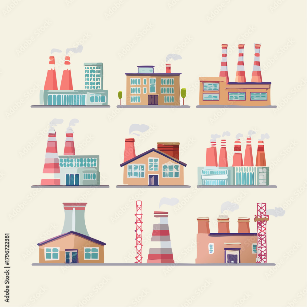 Obraz premium A colorful flat lay illustration of various industrial buildings and factories with smokestacks and chimneys emitting smoke against a clean white background, showcasing different