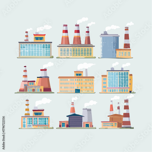 A colorful, flat lay illustration of various industrial buildings and factories with smokestacks and chimneys emitting white smoke against a light gray background, showcasing technology