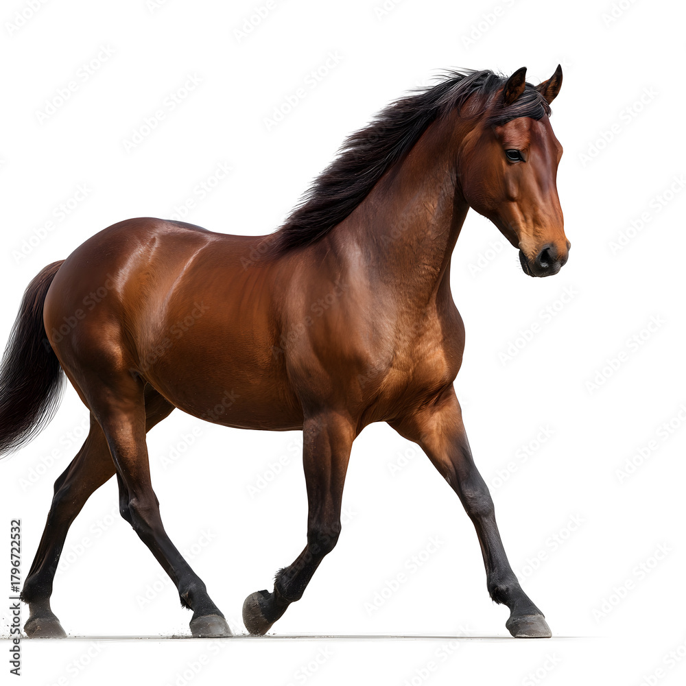 Obraz premium Majestic Horse in Motion: Capturing the elegance and power of a muscular, chestnut-colored horse in full stride, its dark mane and tail flowing gracefully.