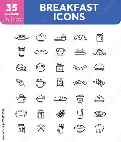 Breakfast Icons Thin Line Art of Food Drinks and Morning Symbols