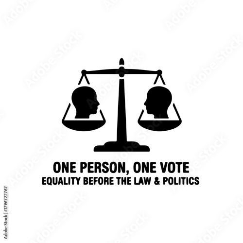 black and white icon combining the scales of justice with two identical human head symbols, perfectly balanced. This design symbolizes the foundational principle of "one person, one vote"