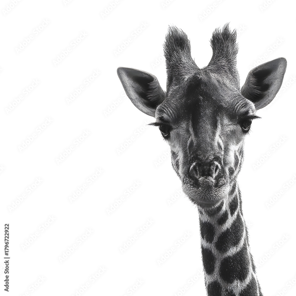 Obraz premium Giraffe Portrait: A striking black and white portrait of a giraffe, with a curious gaze, revealing its unique patterned coat and majestic presence.
