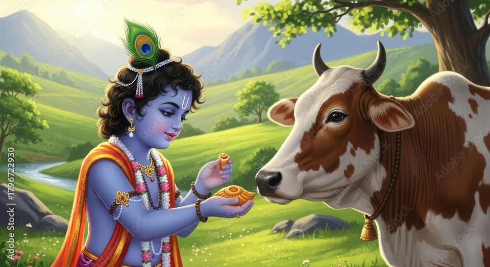 Fototapeta premium Lord krishna feeding a cow in a lush green meadow with mountains