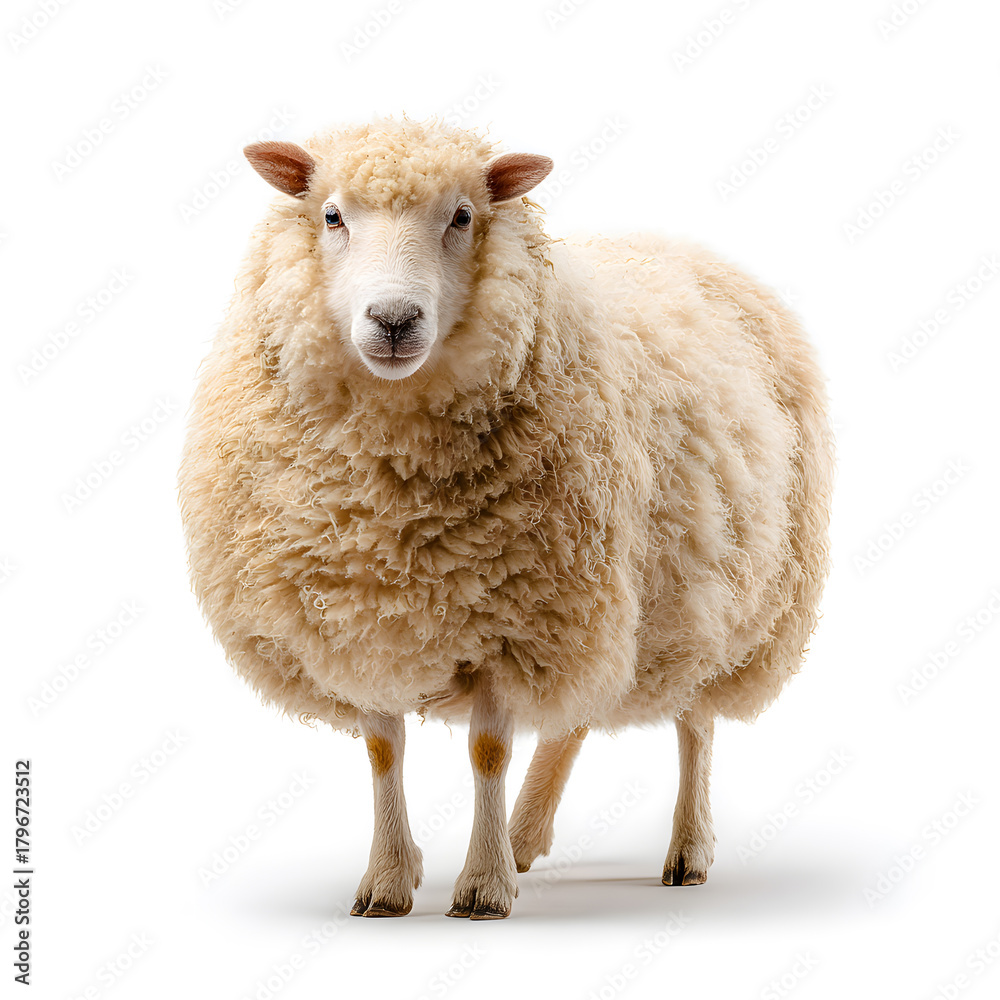 Fototapeta premium Woolly Sheep in the Field: A single, fluffy sheep, stands proud, showcasing its thick wool in a well-lit field, symbolizing a calm, serene farm atmosphere.