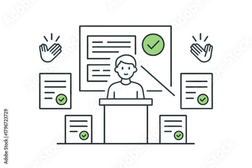 Public speaker delivering a successful presentation achieving positive results and audience approval