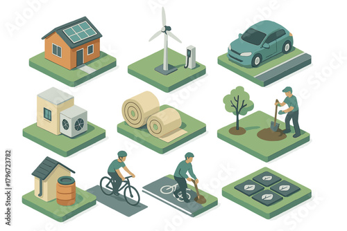 Sustainable lifestyle and green energy concepts featuring solar panels, wind power, and electric car
