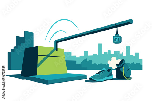 Plyometric box jump training setup with running shoe and gym bag near a city skyline