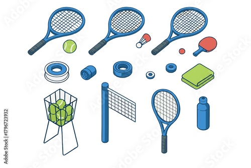 Isometric collection of tennis and racket sports gear including rackets, balls, net, paddle, and accessories