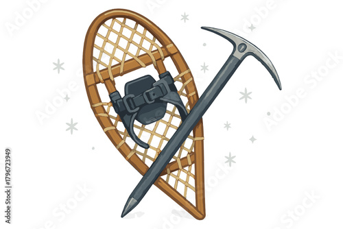 Vintage wooden snowshoe crossed with a modern ice axe for winter mountaineering gear