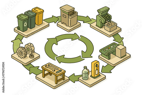 Circular economy process flow chart showing recycling, manufacturing, and reuse stages