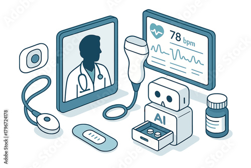 Digital healthcare technology setup featuring telemedicine, diagnostics, ultrasound, and wearable sensors