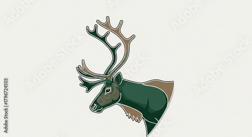 Illustration of green reindeer head with large antlers wildlife animal drawing vector graphic design isolated art