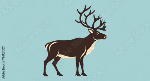Illustration of a reindeer with large antlers standing in front of a light blue background design art