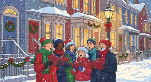 Carol singers performing on a snowy street, festive vector illustration