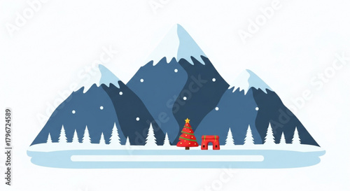 Winter christmas scene with mountains and christmas tree holiday season landscape vector illustration