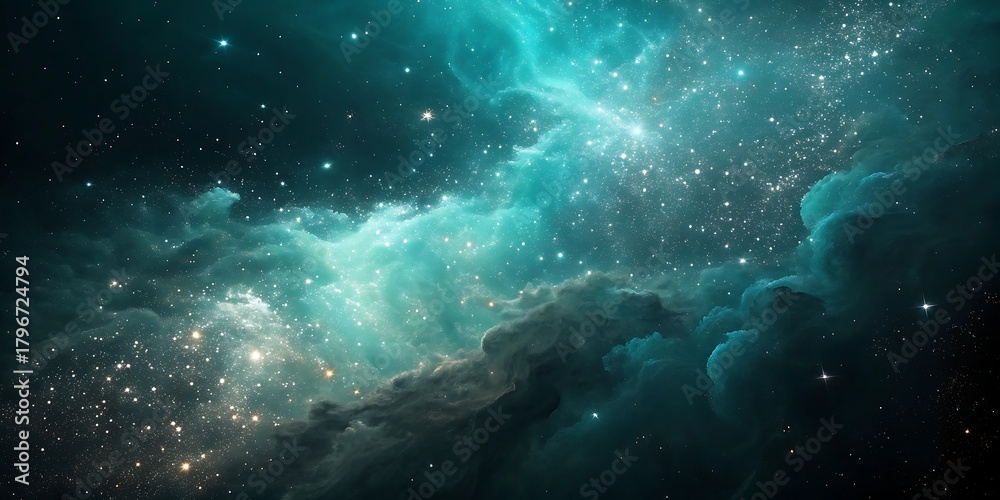 Fototapeta premium Vibrant teal and turquoise nebula swirls with distant stars and cosmic dust in deep space