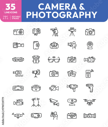 Camera and Photography Line Icons Diverse Collection of Photographic Equipment