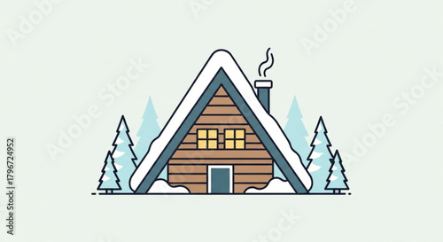 A frame cabin in winter wonderland with snow covered roof and trees for vacation rental and holiday getaway