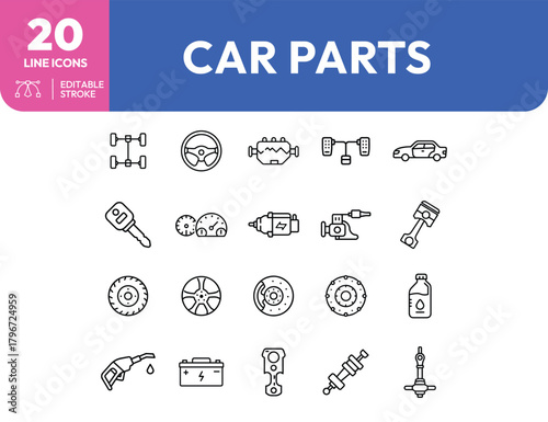 Car Parts Line Icons Suspension Steering Wheel Engine Pedals Car Key Speedometer
