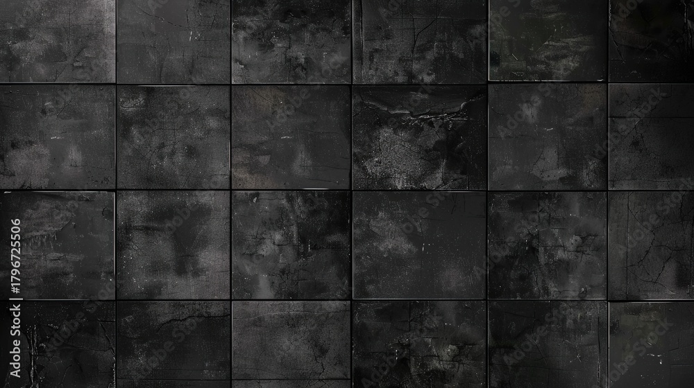 Obraz premium A seamless, dark anthracite square cement tile texture. This realistic 3D wall or floor surface is ideal for industrial, modern, and minimalist architectural visualizations and backgrounds.